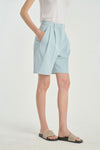 Blue washed denim shorts with pleats