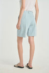 Blue washed denim shorts with pleats