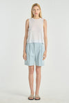 Blue washed denim shorts with pleats