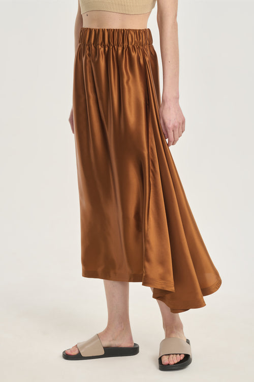 Brown satin fluid asymmetrical skirt