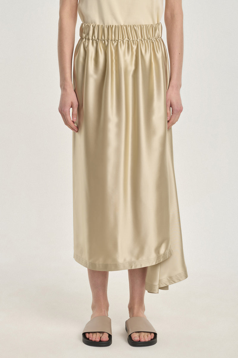 Pearl beige satin fluid asymmetrical skirt