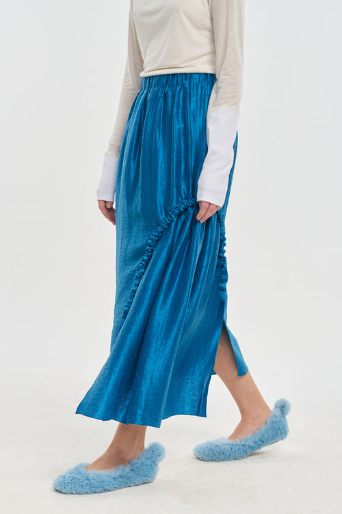 Blue sapphire asymmetric skirt with rouching