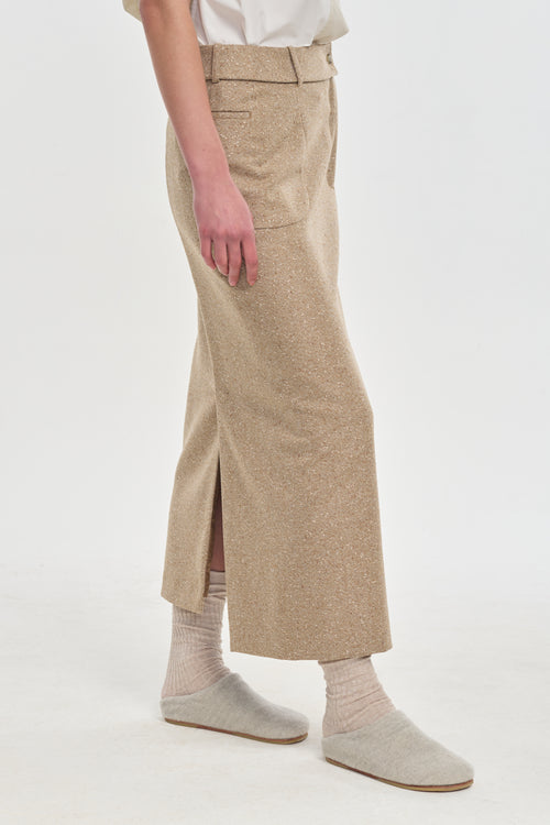 Beige speckle tweed wool blend long skirt