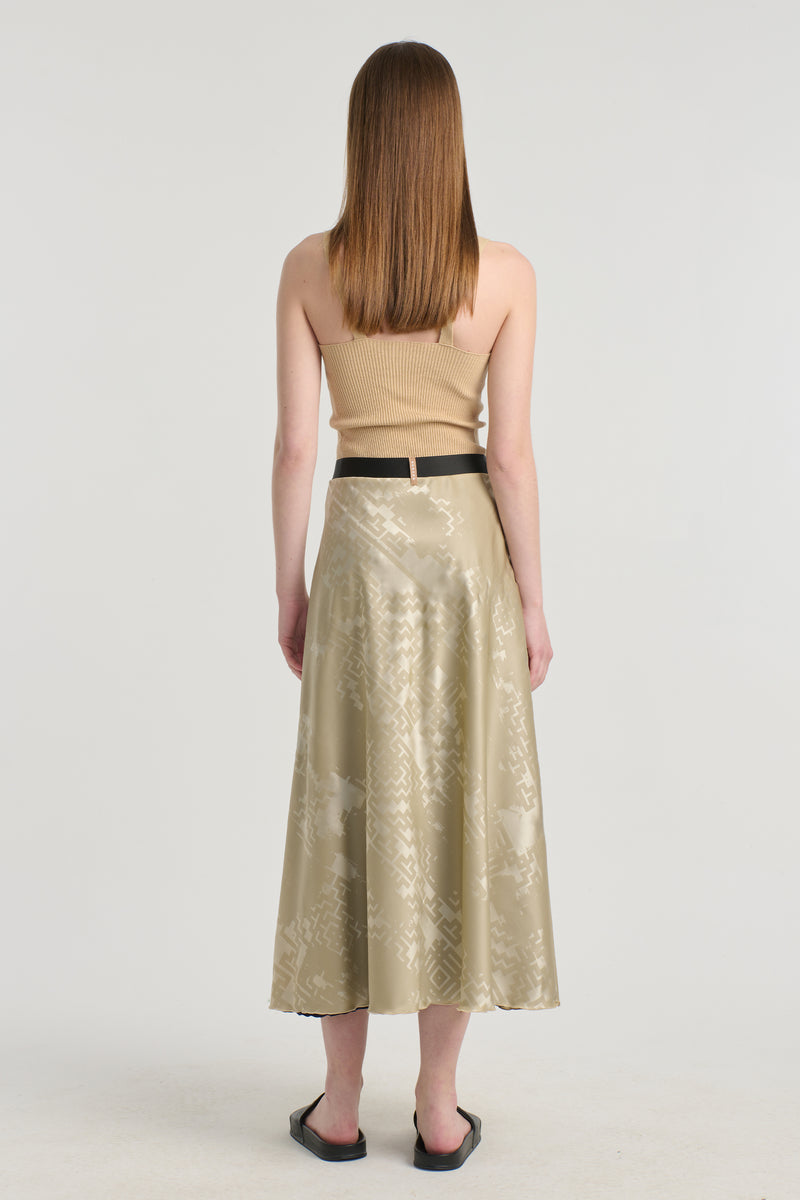 Blue&beige printed silk reversible skirt