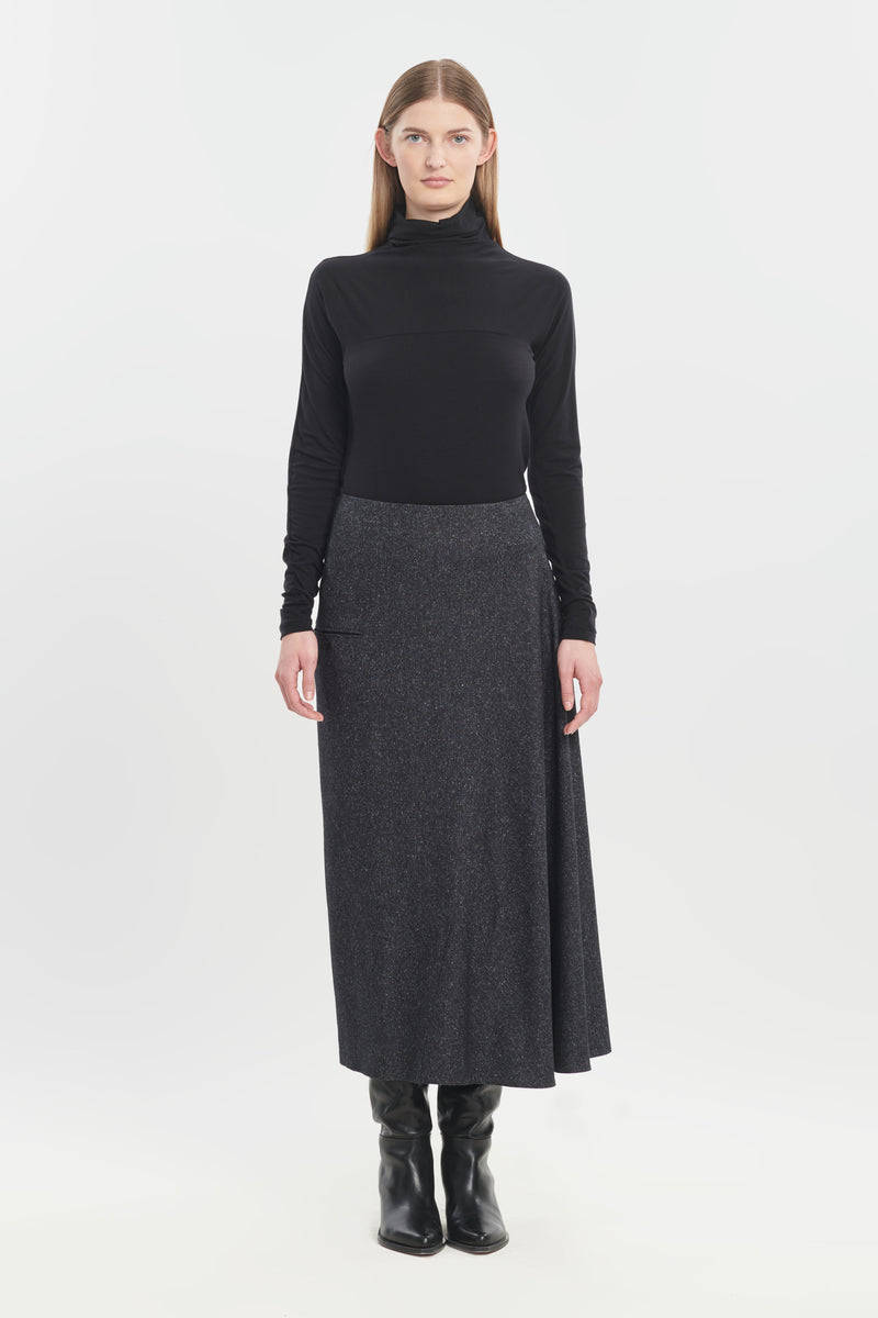 Black wool silk tweed asymmetric skirt