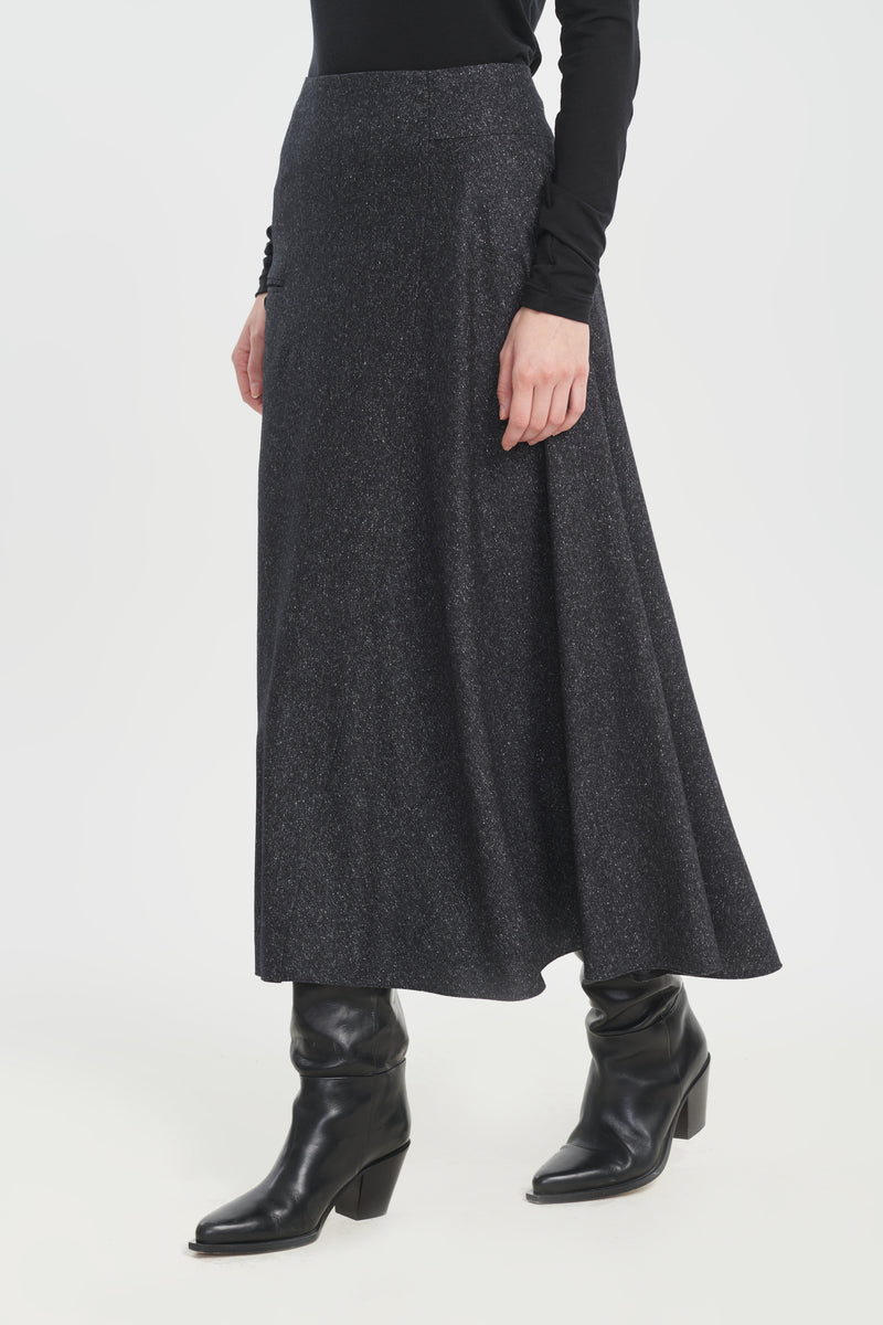 Black wool silk tweed asymmetric skirt