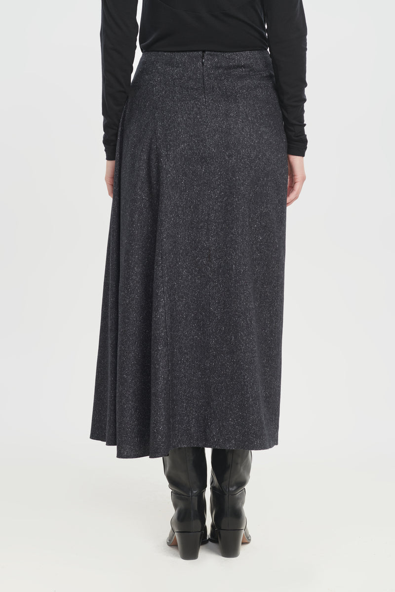 Black wool silk tweed asymmetric skirt