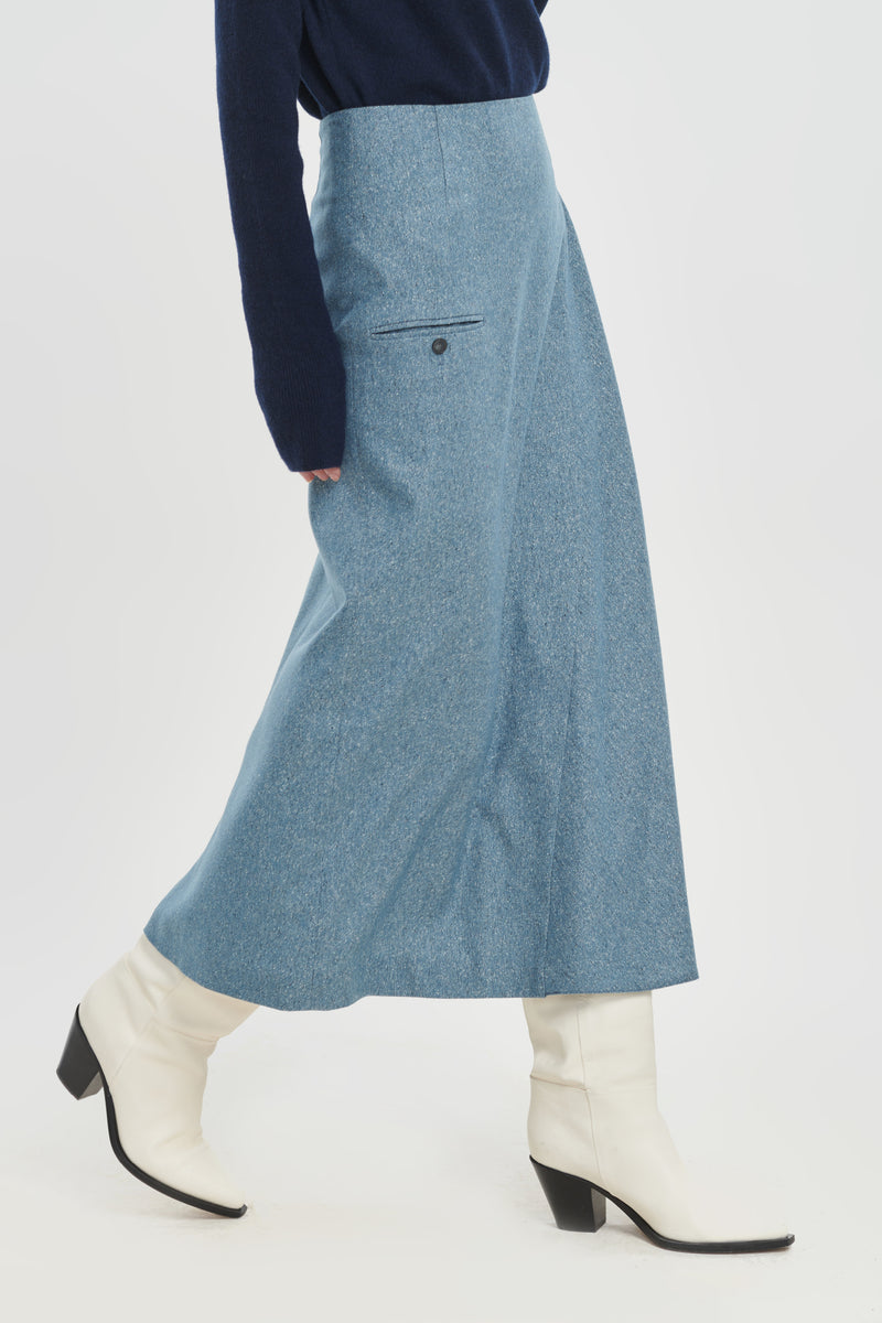 Light blue wool silk tweed asymmetric skirt