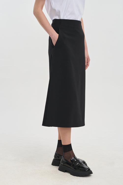 Black bistretch wool midi skirt