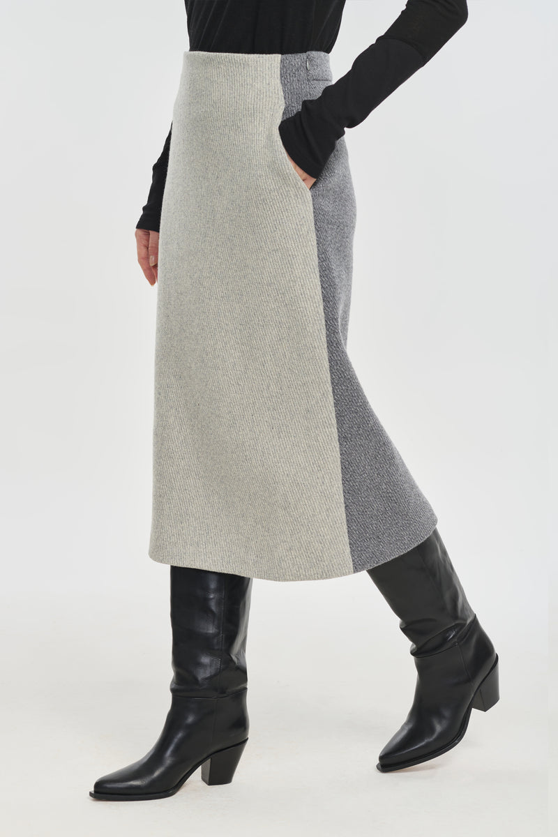 Light & dark grey textured wool midi skirt