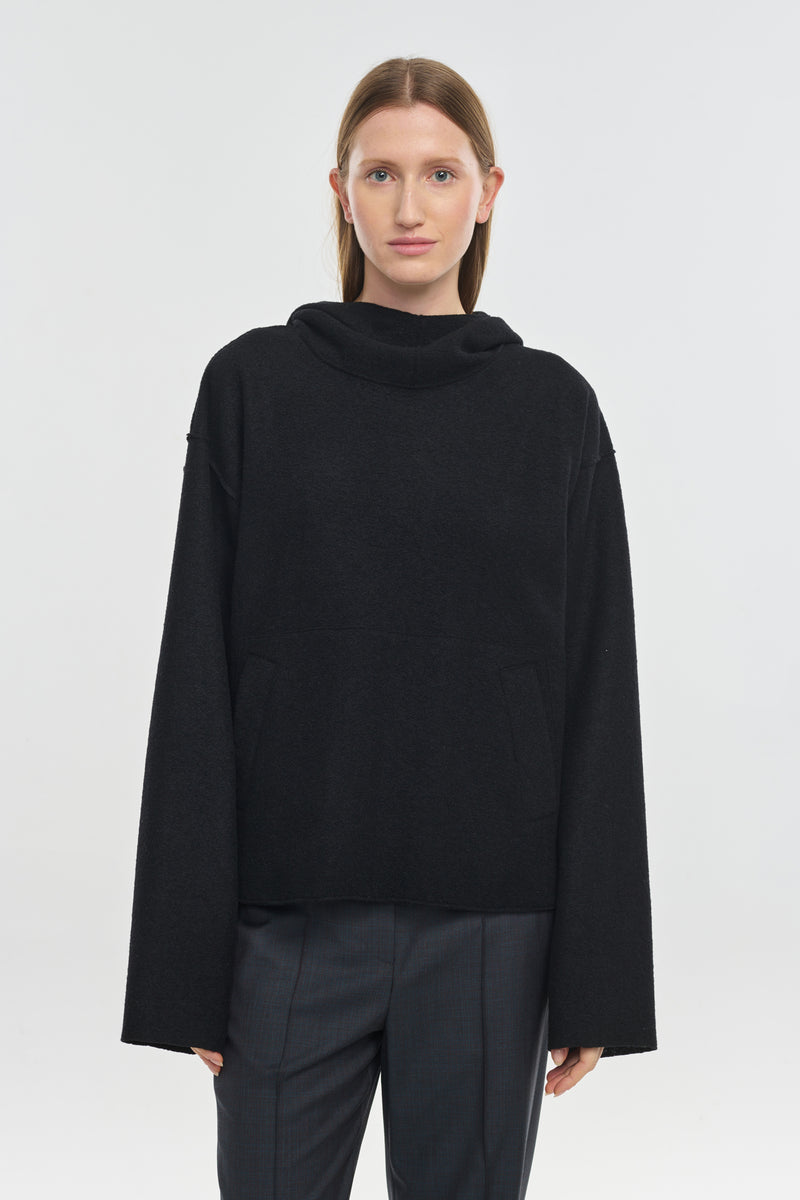 Black wool jersey hooded sweatshirt