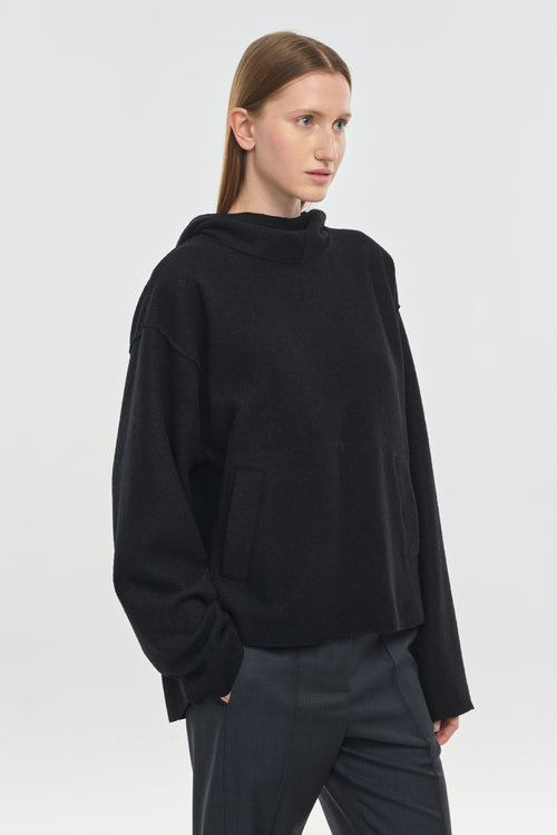 Black wool jersey hooded sweatshirt