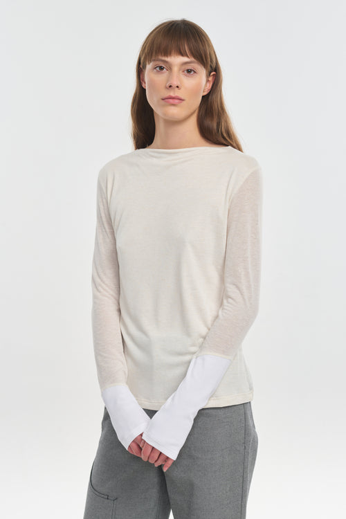 Off white light viscose jersey boat neck top