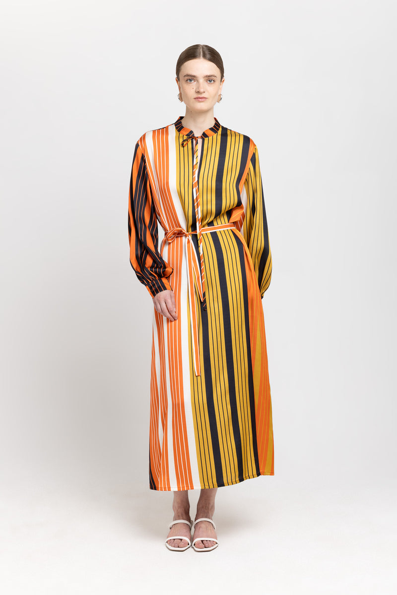 Orange with pattern striped light viscose dress with slit