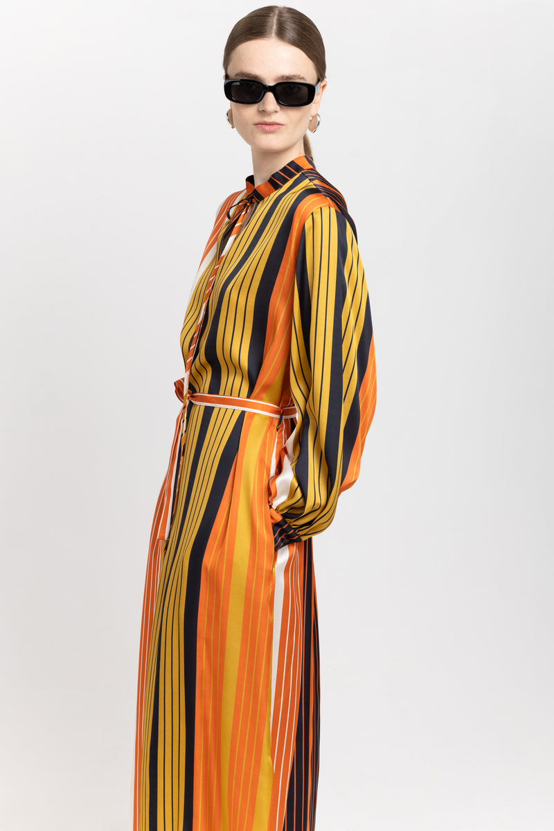 Orange with pattern striped light viscose dress with slit