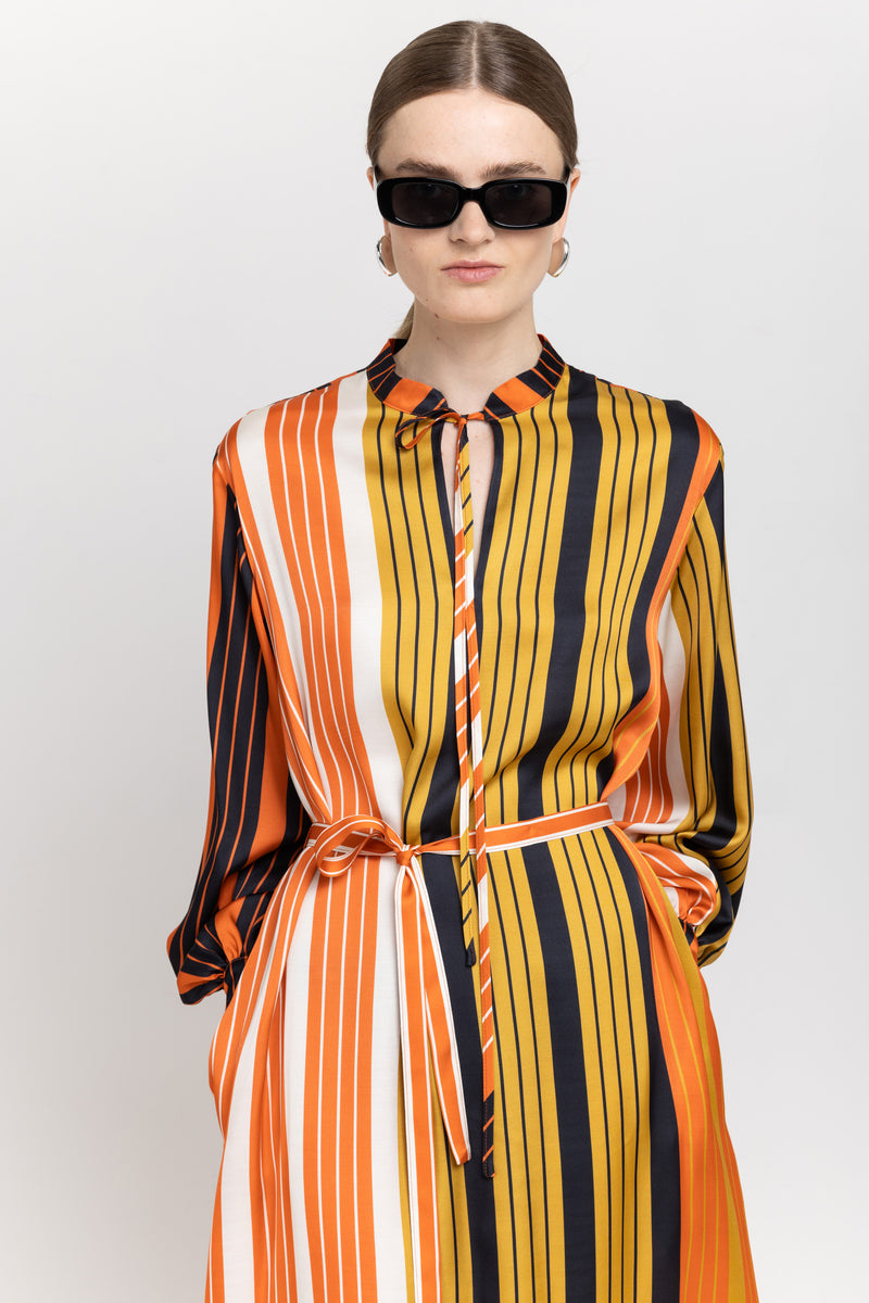 Orange with pattern striped light viscose dress with slit