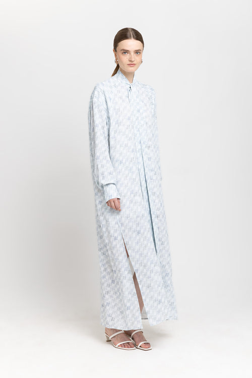 Light blue monogram print viscose dress with scarf
