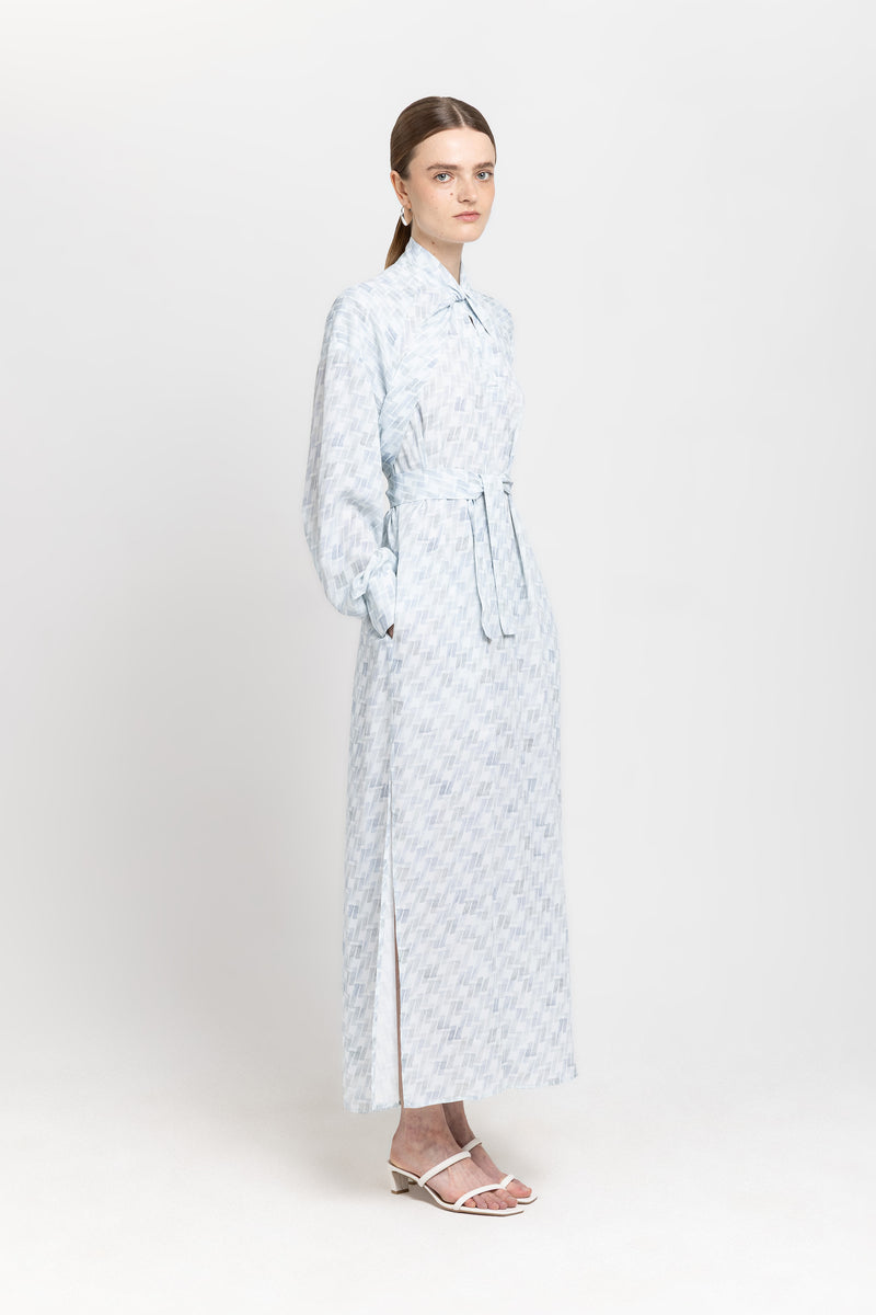 Light blue monogram print viscose dress with scarf