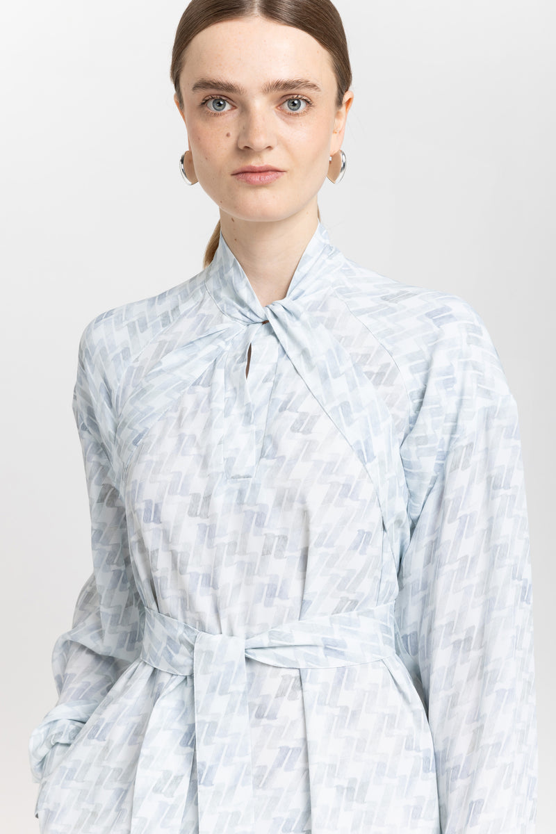 Light blue monogram print viscose dress with scarf