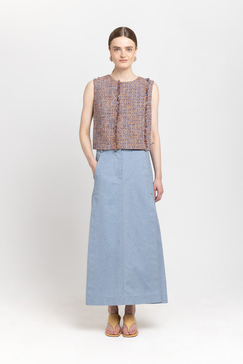 Light blue summer denim midi skirt with side slits