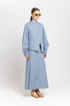 Light blue cotton denim asymmetrical bomber jacket