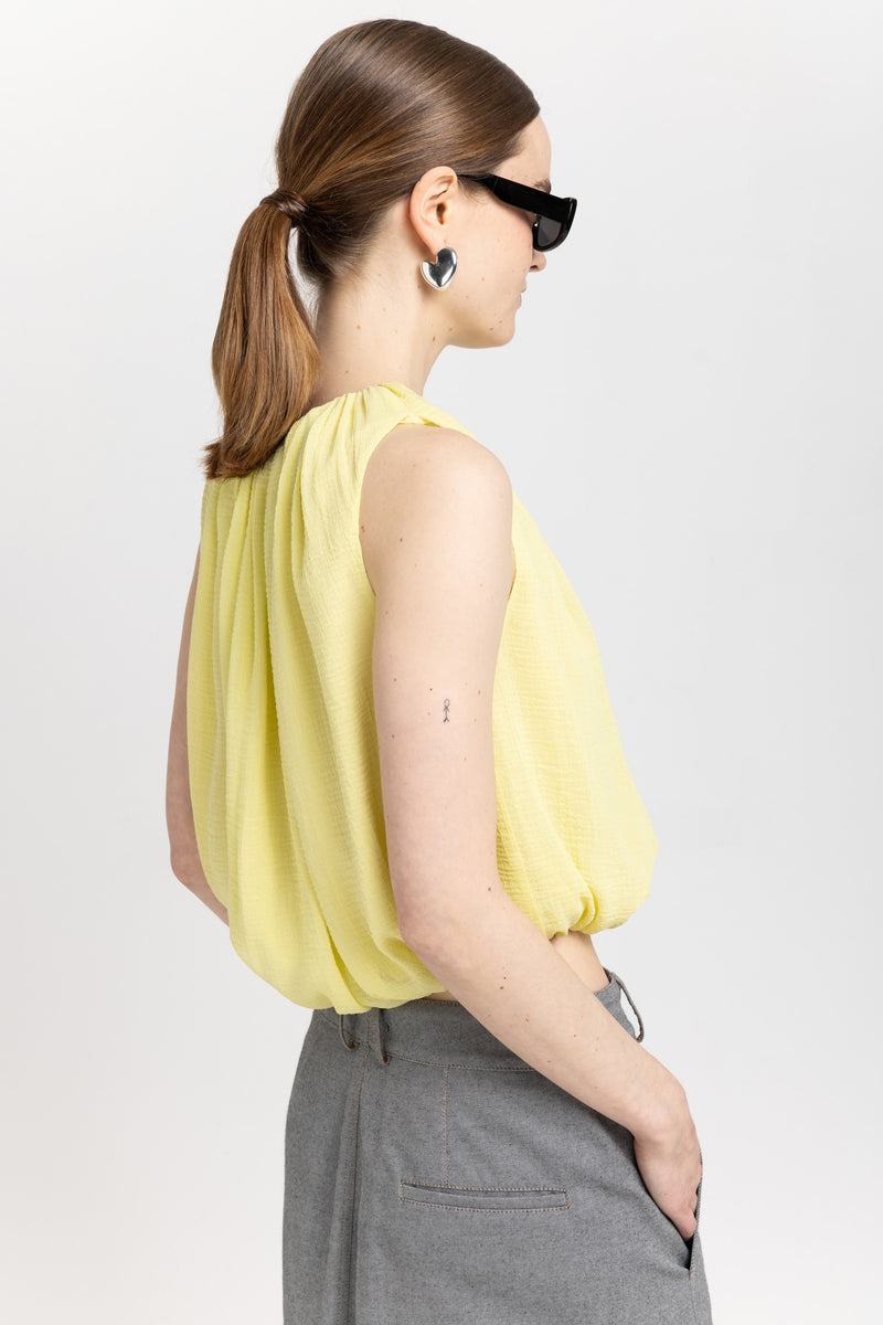 Pale lime yellow wrinkle mousseline balloon blouse