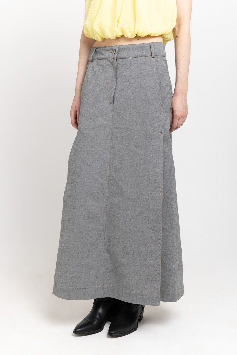 Black summer denim midi skirt with side slits