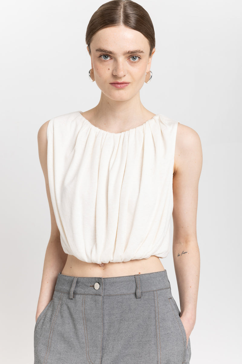 Off white viscose linen jersey balloon top