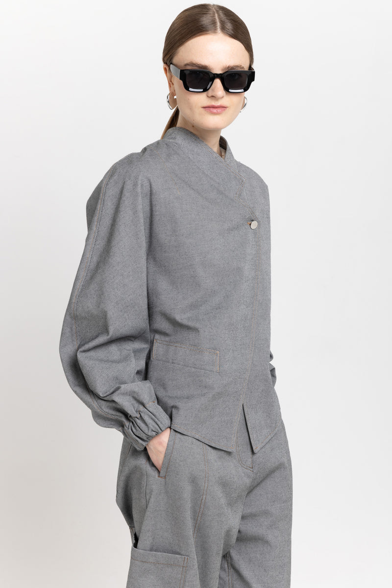 Black cotton denim asymmetrical bomber jacket