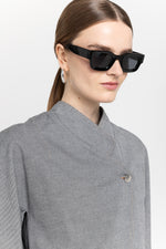 Black cotton denim asymmetrical bomber jacket