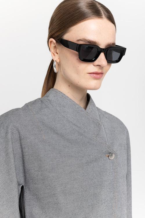 Black cotton denim asymmetrical bomber jacket