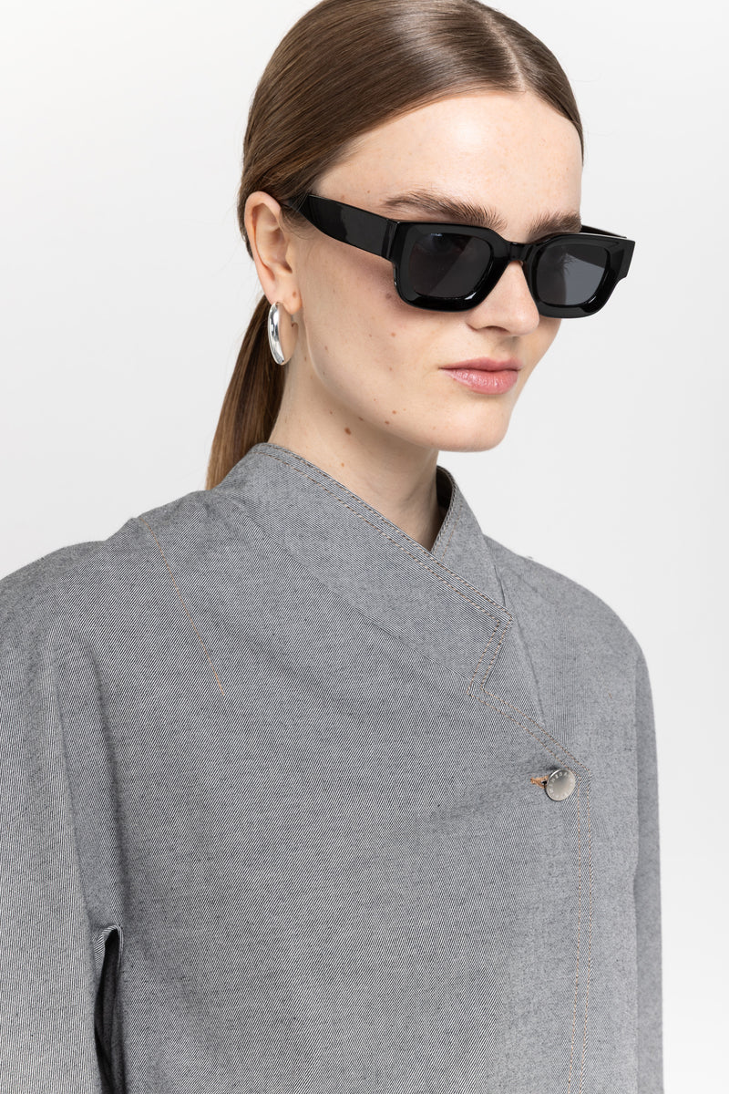 Black cotton denim asymmetrical bomber jacket