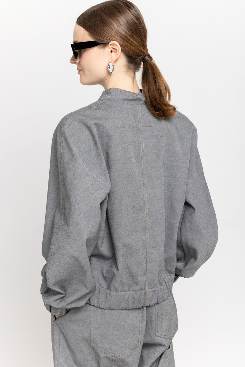 Black cotton denim asymmetrical bomber jacket