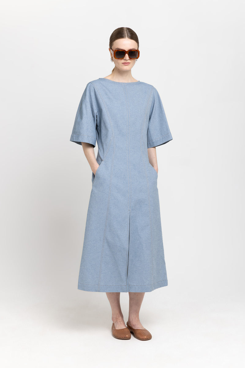 Light blue summer cotton denim structured dress