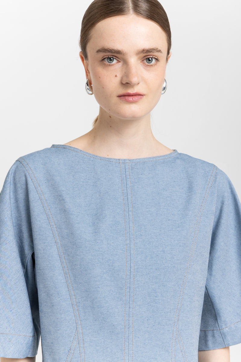 Light blue summer cotton denim structured dress