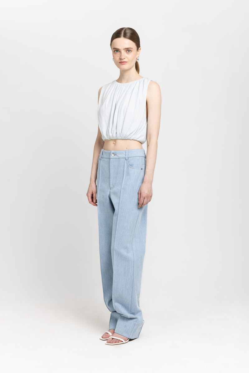 Pale blue viscose linen jersey balloon top