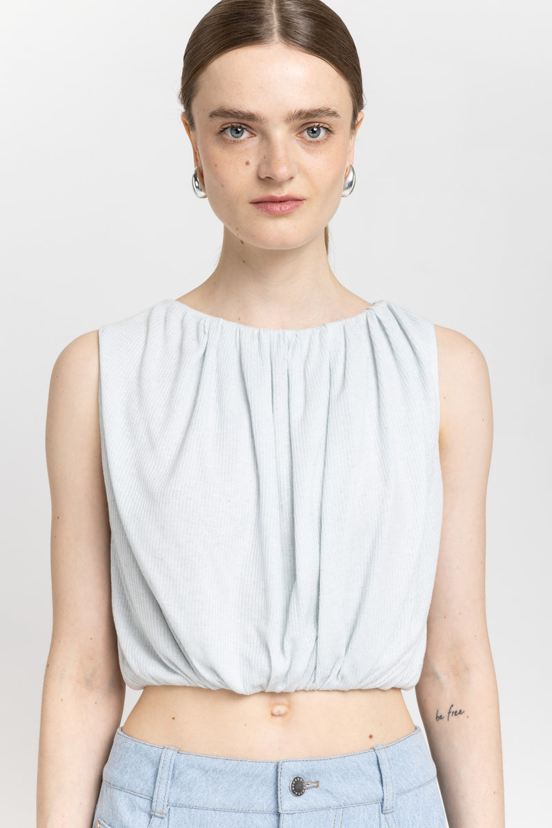 Pale blue viscose linen jersey balloon top
