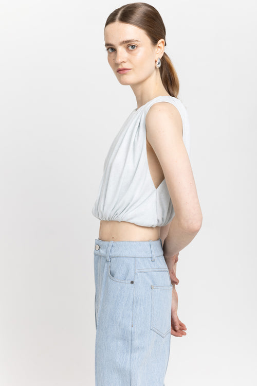 Pale blue viscose linen jersey balloon top