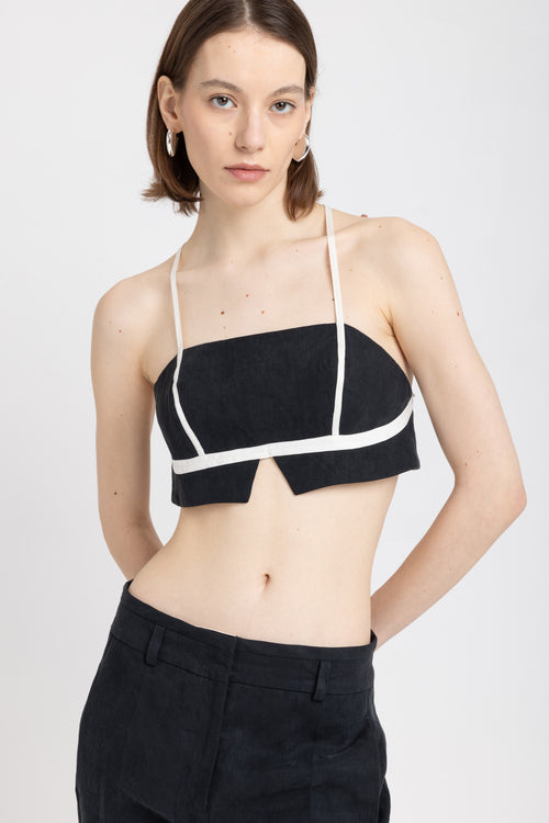 Black graphite linen twill bra top