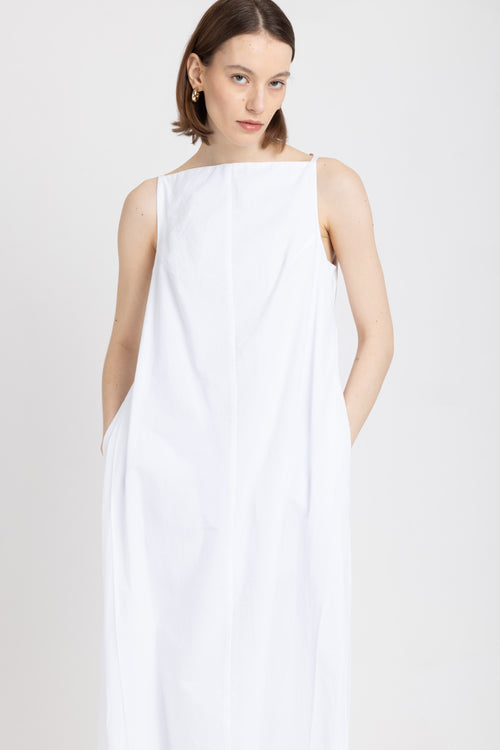 White crinkle poplin sleeveless dress with detail