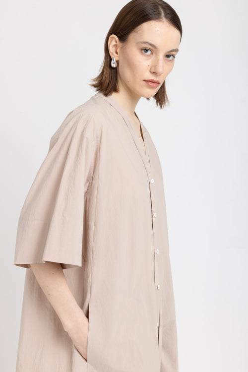 Beige crinkle poplin v-neck dress with detail