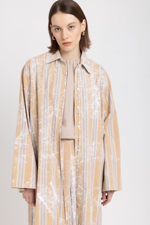 Beige and koala grey cotton blend long sleeve shirt dress