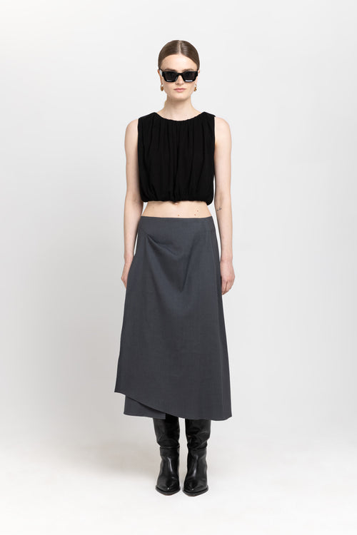 Anthracite linen cotton midi skirt with pleat