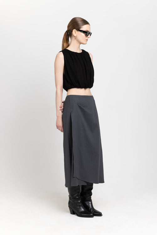 Black viscose linen jersey balloon top