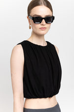 Black viscose linen jersey balloon top