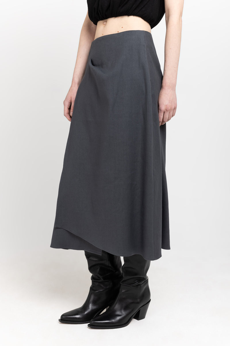 Anthracite linen cotton midi skirt with pleat
