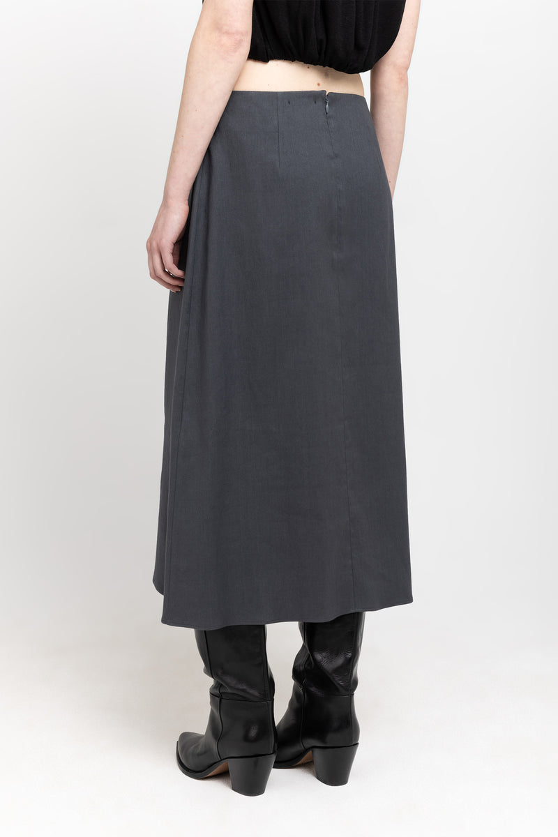 Anthracite linen cotton midi skirt with pleat