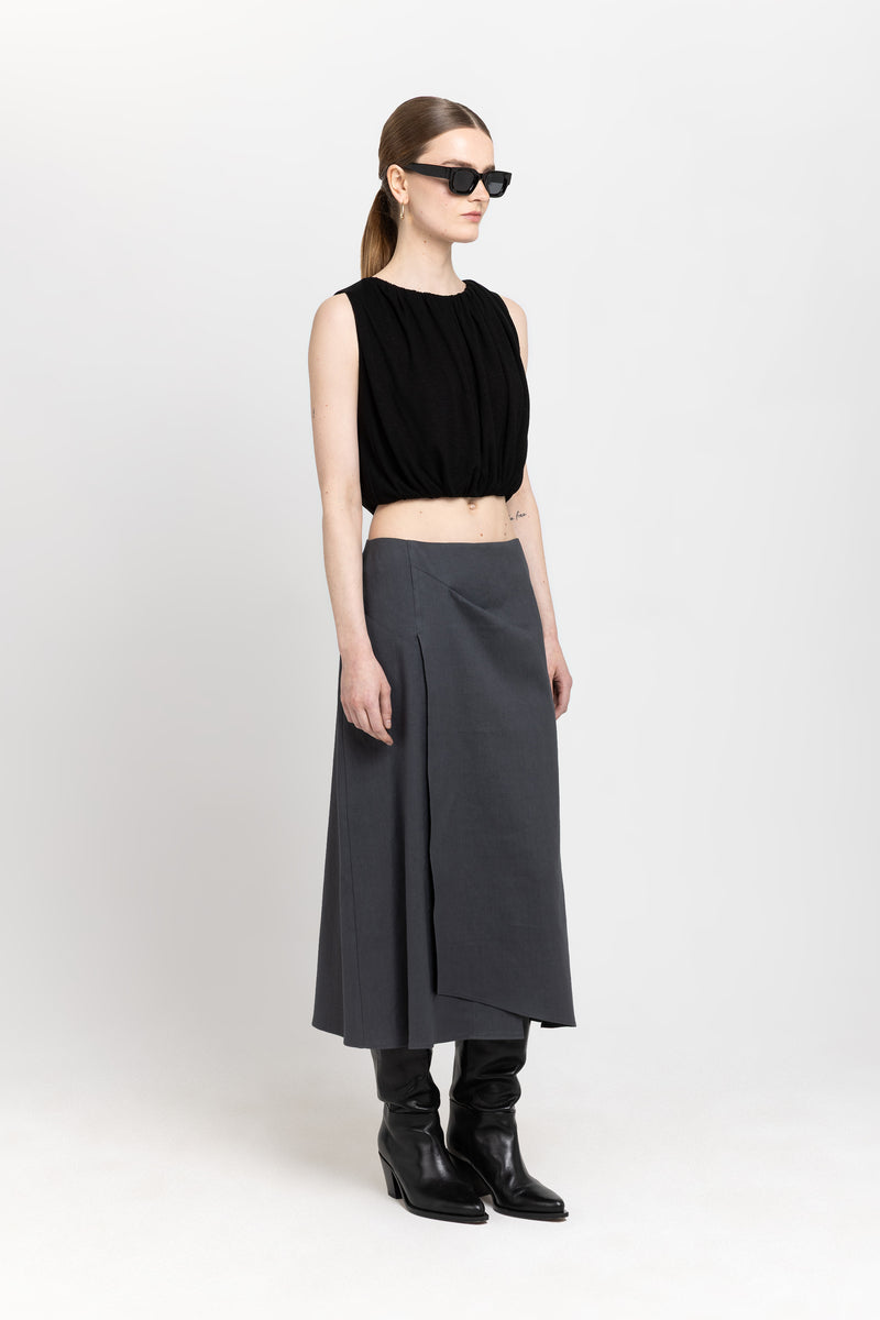 Anthracite linen cotton midi skirt with pleat