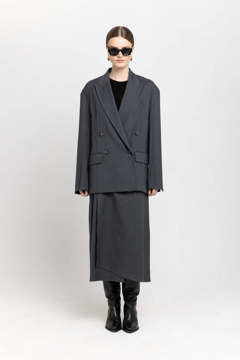 Anthracite linen cotton midi skirt with pleat