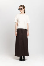 Dark brown weave linen midi skirt with side slits